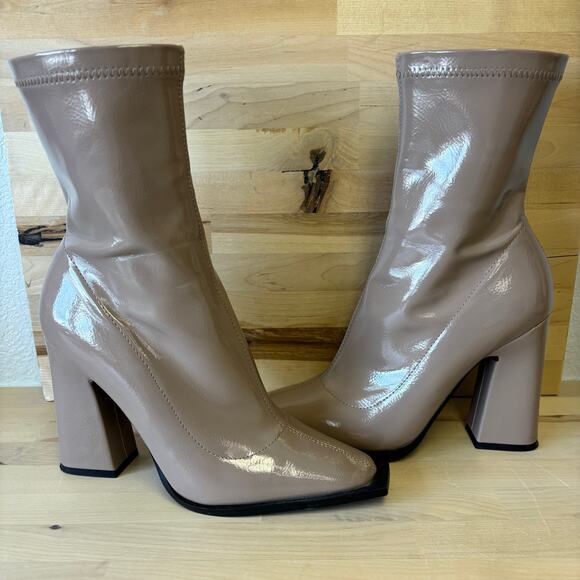 Princess Polly Barcelona Crinkle Taupe Patent Leather Boots W8 - Picture 5 of 12
